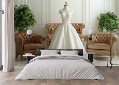 Elegant white wedding dress displayed on a mannequin Wall mural