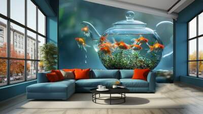 teapot with a glass teapot filled with goldfish Wall mural