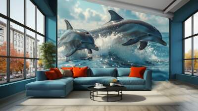 two dolphins in the ocean with their heads out of the water Wall mural