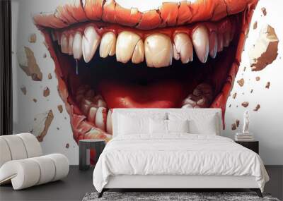 a mouth with teeth and teeth missing and a lot of blood on the floor, transparent background png Wall mural