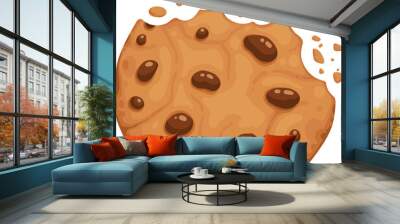 Bitten chocolate chip cookie. Crunch homemade brown biscuit broken with crumbs. Cartoon baked round choco cookie bite animation vector. Illustration animation disappear choco crumb piece bakery Wall mural