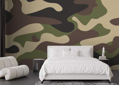 Camouflage pattern background. Classic clothing style masking camo repeat print. Green brown black olive colors forest texture. Design element. Vector illustration. Wall mural