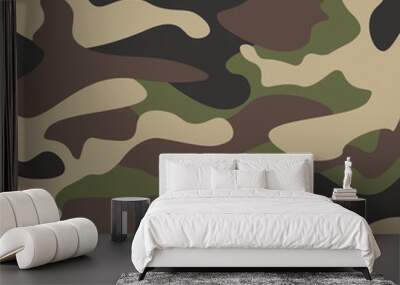 Camouflage pattern background. Classic clothing style masking camo repeat print. Green brown black olive colors forest texture. Design element. Vector illustration. Wall mural