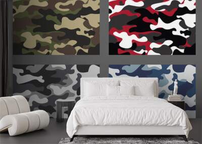 Set of camouflage seamless patterns background. Classic clothing style masking camo repeat print. Green,brown,black,olive,blue,ocean,pink,orange colors texture. Design element. Vector illustration. Wall mural