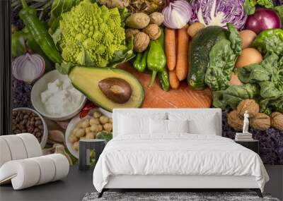 table top full of fresh vegetables, fruit, and other healthy foods Wall mural