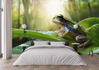 A vibrant and detailed close-up of a frog perched on a green leaf Wall mural