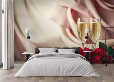 Champagne glasses, red roses in front of pink, beige background Wall mural