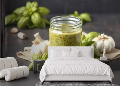 Pesto sauce in a glass jar, fresh basil leaves and garlic Wall mural