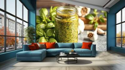 Pesto sauce in a glass jar, fresh basil leaves and garlic Wall mural