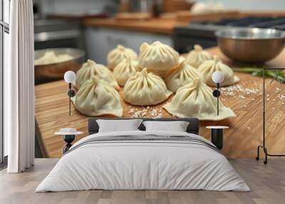 Raw dumplings on a wooden chopping board in the kitchen Wall mural