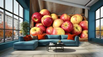 Red and yellow apples in a wooden crate, with a burlap cloth in the background Wall mural