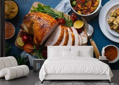 Roasted turkey breast sliced on a board with Thanksgiving sides Wall mural