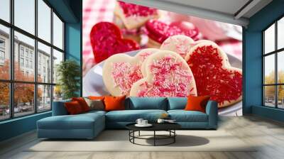 Valentines day heart shaped cookies with pink sprinkles Wall mural