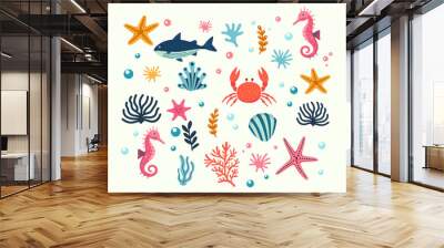 Marine life illustration pattern vector coral, shell, scallop, starfish, deep sea background layout silhouette printable	 Wall mural