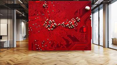 Red computer motherboard chip close-up with elements Wall mural