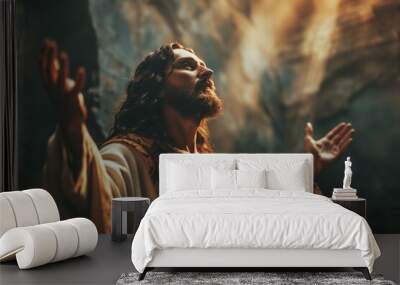 Jesus Christ with open arms reaching out in the sky Wall mural