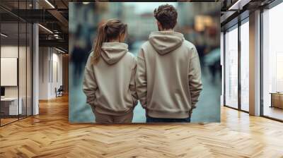 Man and woman wearing blank beige hoodie Wall mural