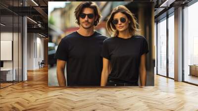 Man and woman wearing blank black t-shirt Wall mural