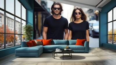 Man and woman wearing blank black t-shirt Wall mural