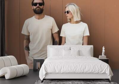 Man and woman wearing blank white t-shirt Wall mural