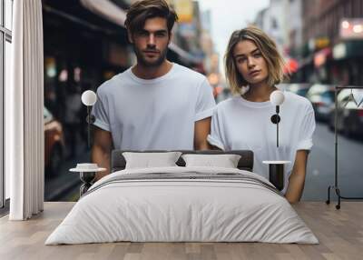 Man and woman wearing blank white t-shirt Wall mural