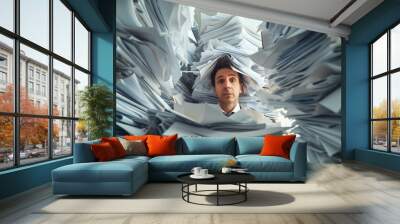 person surrounded by stacks of paperwork Wall mural