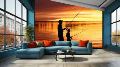 fisherman silhouettes at sunrise Wall mural