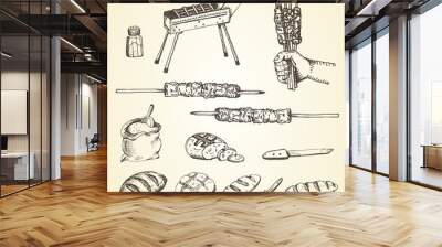 arrosticini set hand drawnbread, knife, salt, hand Wall mural