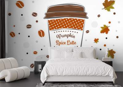 Pumpkin spice latte sign text over paper coffee cup with abstract coffee beans and leaves background vector illustration. Line design hand drawn coffee cup. Wall mural