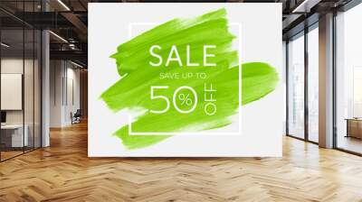 Sale up to 50% off sign over art brush acrylic stroke paint abstract texture background vector illustration. Perfect watercolor design for a shop and sale banners. Wall mural