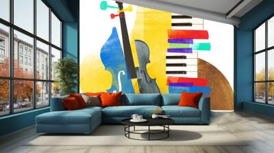 Artwork depicts colorful collage of musical instruments, including cello, violin, piano keys, and cymbals against transparent background. Textured effect. Concept of art, music festivals, party. Wall mural