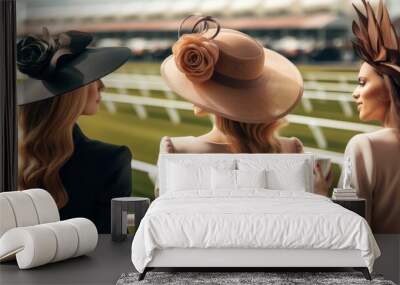 Back view portrait of three young girls in glamour hats, friends. They have made preliminary bets on match and cheers. Wall mural