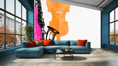 Banner. Contemporary art collage. Colorful silhouettes of violin, trumpet, sax and acoustic guitar against white background with negative space. Surreal artwork. Concept of music, party and festival Wall mural