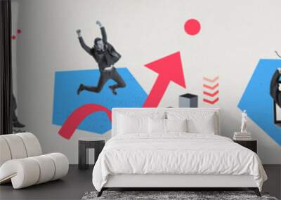 Banner. Contemporary art collage. From wrench to handshake. Line of businessmen march towards red progress arrow. Concept of business development, marketing, startup, strategy, teamwork. Ad Wall mural