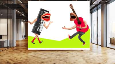 Banner. Contemporary art collage. Music instrument. Electric piano and acoustic guitar with lips and legs dancing and singing. Concept of festivals, holidays, music and dance, leisure, entertainment. Wall mural