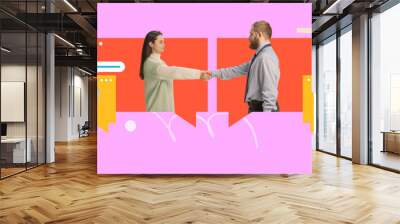 Banner. Contemporary art collage. Online collaboration. Professionals in colorful speech bubbles make deal and shaking hands. Concept of remote working and studying, work from home, teamwork, online. Wall mural