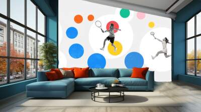 Banner. Contemporary art collage. Strength and power. Athletic people, joggers and tennis players training surrounded colorful circles. Concept of sport, individual and team games, championship. Ad Wall mural