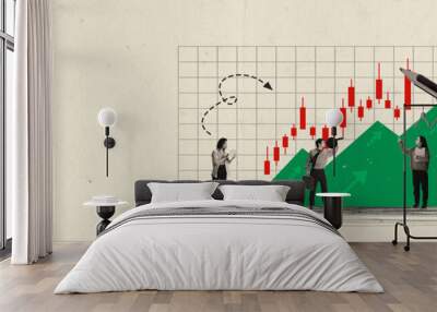 Banner. Contemporary art colllage of woman with huge pencel draws a graph of growth with people watching and tracking graphic. Wall mural