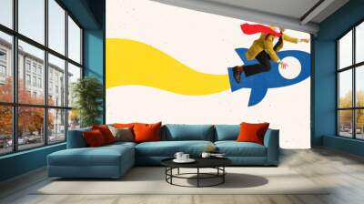 Banner. Modern aesthetic artwork. Motivated young businessman, employee flying on rocket against beige background. Concept of business and financial literacy, start up and entrepreneurship. Wall mural