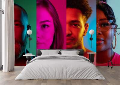 Close-up half face collage of an ethnically diverse young people isolated over multicolored background. Wall mural