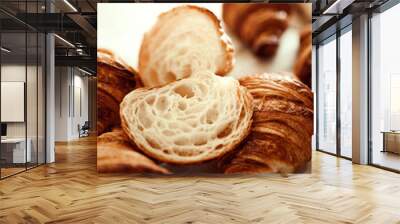 Close up shot plate of golden brown, flaky, buttery crust, warm and delicious croissants and one cut in half. Concept of food, bakery, cuisine, desserts, cooking recipes, traditions. Wall mural