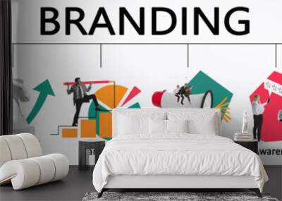 Collage made of designs about digital marketing, target, social media, story telling, awareness, customer service, quality and brand loyalty. Wall mural