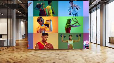 Collage made of portraits of diverse professional atheletes of different age doing various sports isolated over mulricolored background in neon. Wall mural