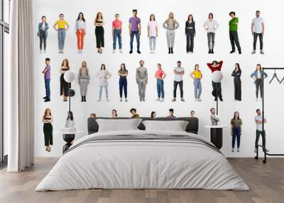 collage of people, men and women of different age in casual cloth standing in three lines isolaed ov Wall mural