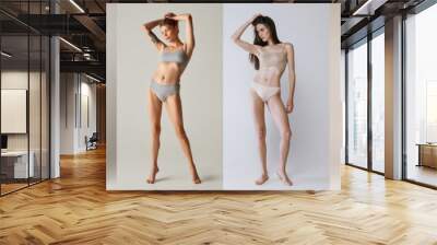 Collage. Full-length portraits of young slim women in cotton underwear posing isolated over grey background. Wall mural