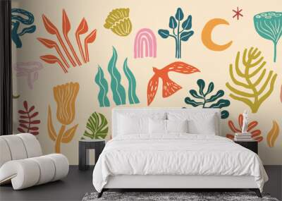 Colorful abstract sea floral fauna shapes and elements against beige background. Modern figures bird moon leaves plant oval spiral flower  and other primitive elements. Swiss design aesthetic Wall mural