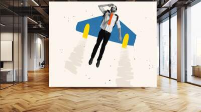 contemporary art collage of man flying up on a plane symbolizing career growth Wall mural