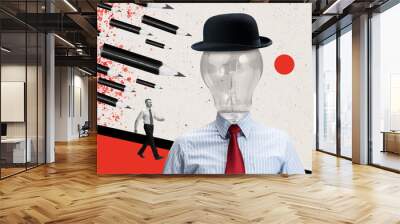 Contemporary art collage of man in official cloth with lightbulb head. Ideas generation Wall mural