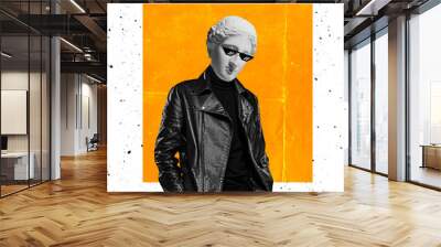 Contemporary art collage of man with antique statue head in pixel glasses isolated over orange white background Wall mural