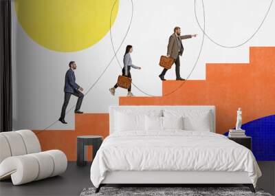 Contemporary art collage with business people walking upstairs over colorful background with geometric shapes. Concept of teamwork, success, goals, career Wall mural